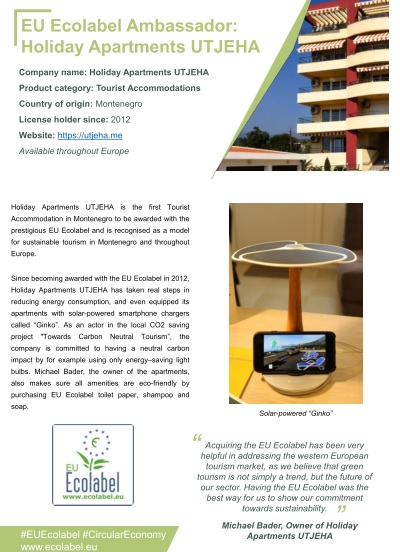EU Ecolabel ambassador of European tourism - Apartments Utjeha in Bar